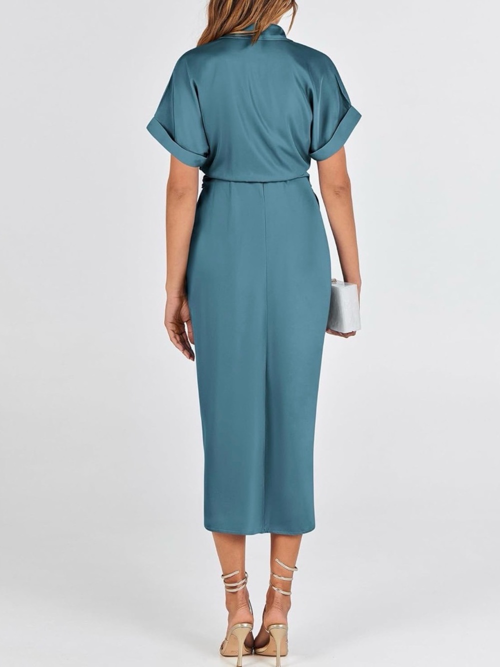 Satin Button-Front Midi Dress with Waist Tie - Seafoam - Picture 2 of 7